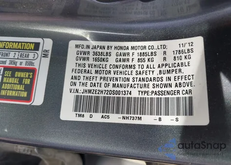 2013 Honda Insight Ex z USA, uszkodzony, nr VIN JHMZE2H72DS001374